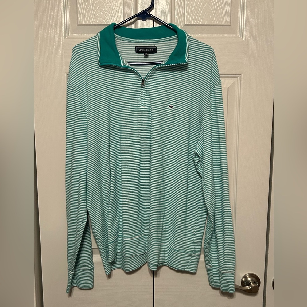 Men’s Crown and Ivy 1/4 zip pullover XL‎ Green, and white striped very soft